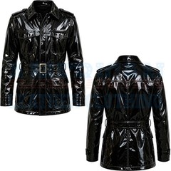 Men’s Glossy Black PVC Trench Jacket Belted Vinyl Coat with Utility Pockets