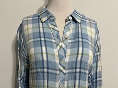 J.Jill Petite Button-Front Tunic Shirt Light Blue Navy White Moss Green Plaid PL