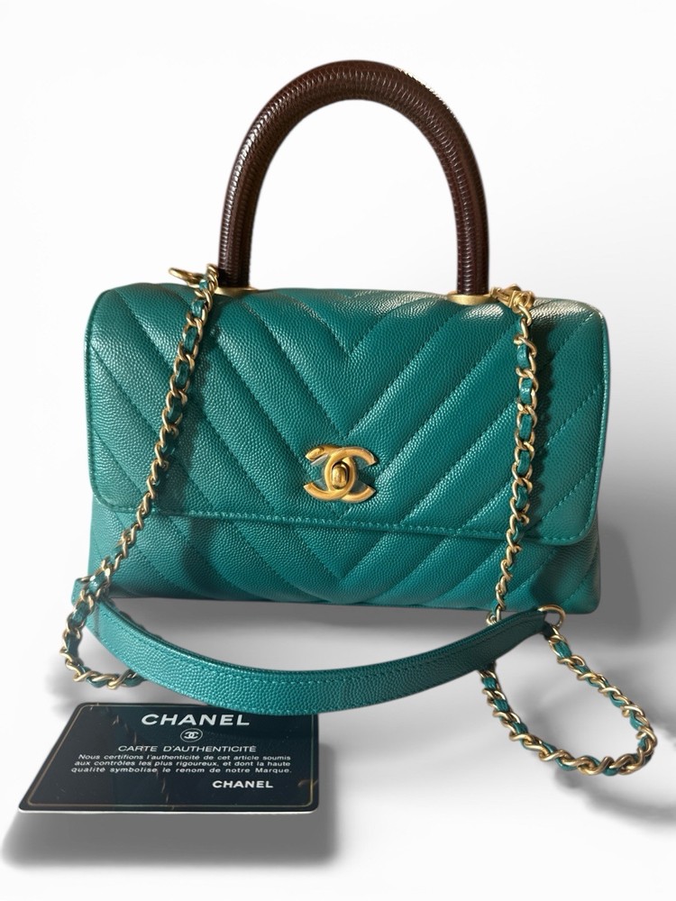 Chanel Top Handle Small Flap Bag – Teal Caviar with Lizard Handle (Full Set)