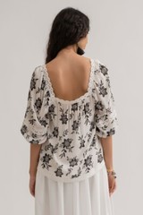 Blu Pepper Floral Print Square Neck Lace Detail Peasant Top