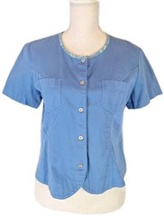 VTG RUSS LIZ CLAIBORNE Sz8 Button Front Short Sleeve Blouse Top 100% Cotton Blue