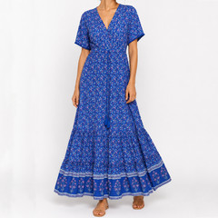 R. Vivimos Blue Floral Boho Maxi Dress L 12/14 V Neck Tiered Tassel Prairie Core