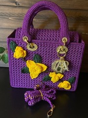 Purple Handmade Handbag with Knitted Yellow Flowers
