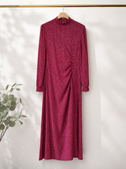 MONSOON Red Geometric Dress UK 14 EUR 42 100% Viscose High Neck Long Sleeve