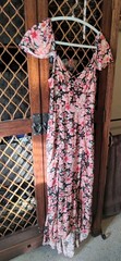 ⚘EUC Rewind Black Pink Floral High Low Maxi Dress Lace Up Back Slit Ruffles M