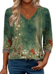 Womens 3/4 Sleeve V Neck Tunic Top Soft Stretchy Blouse for Casual Work Office