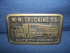 W-W Trucking Co. Safety Award Brass Belt Buckle1985 Used 3.75 x 2.25 Inches