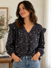Free Assembly Floral Ruffle Shoulder Blouse Navy Blue Boho Cottagecore M