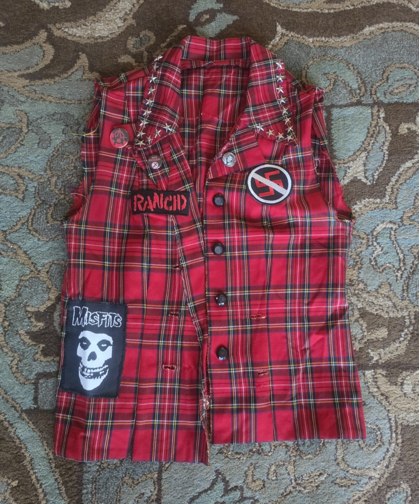 VTG DIY Plaid Vest Shirt SMALL: CRUST PUNK ROCK METAL Y2K BIKER MOTO THRASHED