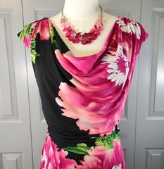 RONNI NICOLE Sz 6 Black Pink Floral Jersey Ruched Waist Sheath Dress Lined EUC
