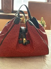 Red Ostrich Crocodile Satchel Handbag, Black Alligator Trim – Custom Made in USA