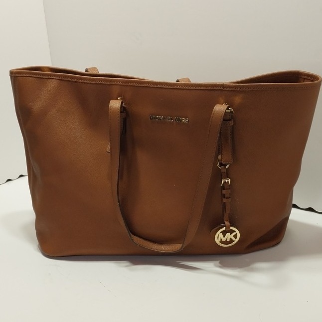 Michael Kors Brown Large Tote Zip Closure Gold Hardware Logo MK Charm Pockets