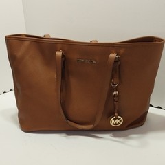 Michael Kors Brown Large Tote Zip Closure Gold Hardware Logo MK Charm Pockets