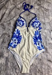 Blue White Floral Halter Low Back Padded Tassel One-Piece Swimsuit XS