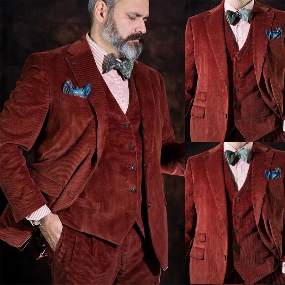 Vintage Corduroy Men’s Suits 3 Piece Business Blazer Wedding Groom Tuxedo Jacket