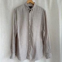 Vintage Claiborne 100% Linen Shirt Mens Large Beige Slim Fit Button Down Coastal