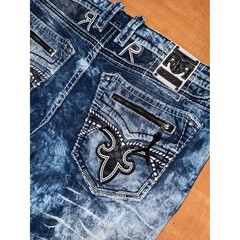 Rock Revival Montell Short Mens 40 Blue Acid Wash Distressed Moto Denim Shorts