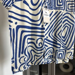 OAS Eldovado Viscose Short Sleeve Blue Print Ivory Button Up Camp Shirt L NEW