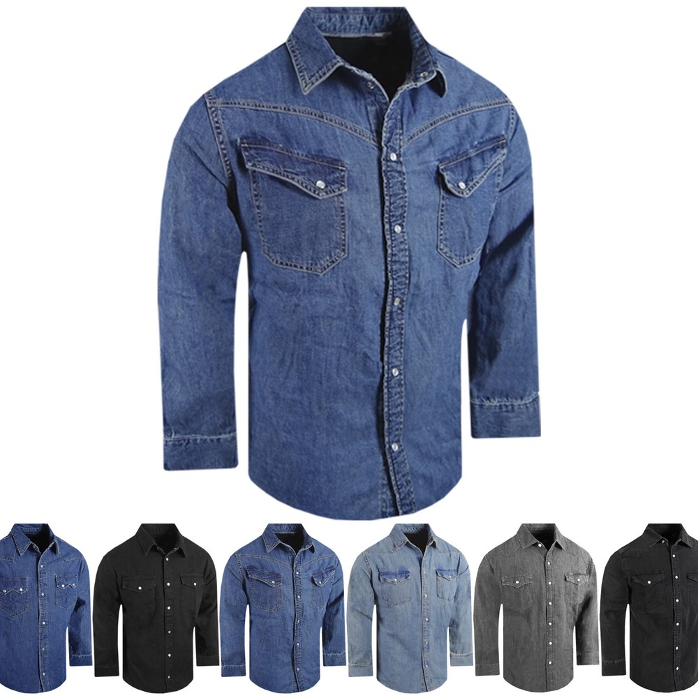 Washed Denim Cotton Shirt Mens Casual Workwear Stretch Snap Pockets BIG FITTING