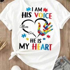 Autism Puzzle Handprint I Am His Voice He Is My Heart Mom Son T-Shirt
