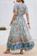 R. VIVIMOS BOHO FLORAL PAISLEY SHORT SLEEVE V-NECK TIERED MAXI DRESS MSRP $29