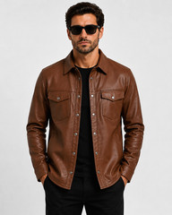 Men’s Brown Leather Shirt Jacket Genuine Lambskin Snap Button Overshirt Coat