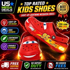 Kids Crocs Lightning McQueen Red Light Up Clogs Slip On Shoes Comfort