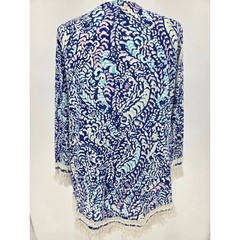 Lilly Pulitzer Fringe Trim Open Front Cardigan Blue Print Size Small