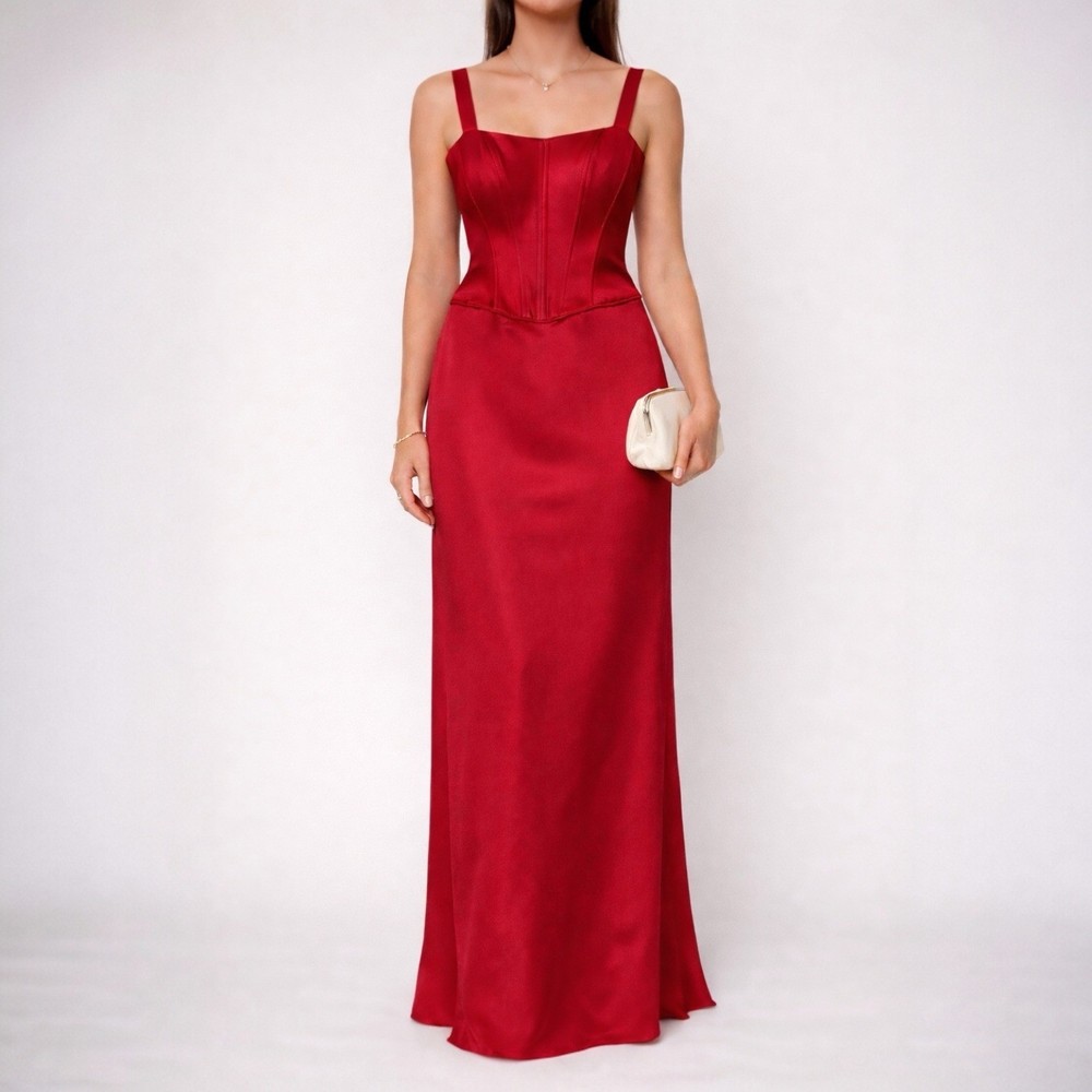 Michelangelo Lamour Vintage Train Red Satin Corset Gown Dress Sz 2 Style 8323