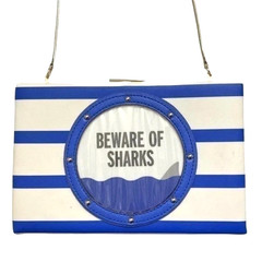 NWT KATE SPADE Emanuelle Make A Splash Beware Of Sharks Blue Stripe Clutch Purse