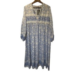 R.Vivimos Blue Floral Boho Midi Dress XL V-Neck Long Sleeve Cotton Rayon