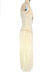 Y2K 90s Lace Midi Dress Sheer Pleated Pearl Beaded Fringe Cottagecore Bridal