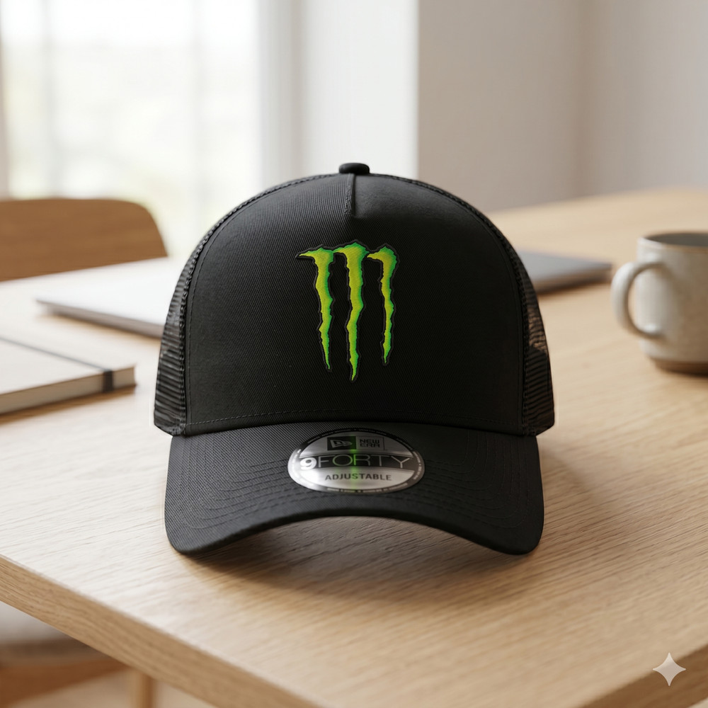Monster Energy Logo Embroidered Hat – Black Trucker Mesh Cap – Direct Embro