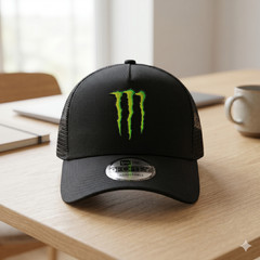 Monster Energy Logo Embroidered Hat – Black Trucker Mesh Cap – Direct Embro