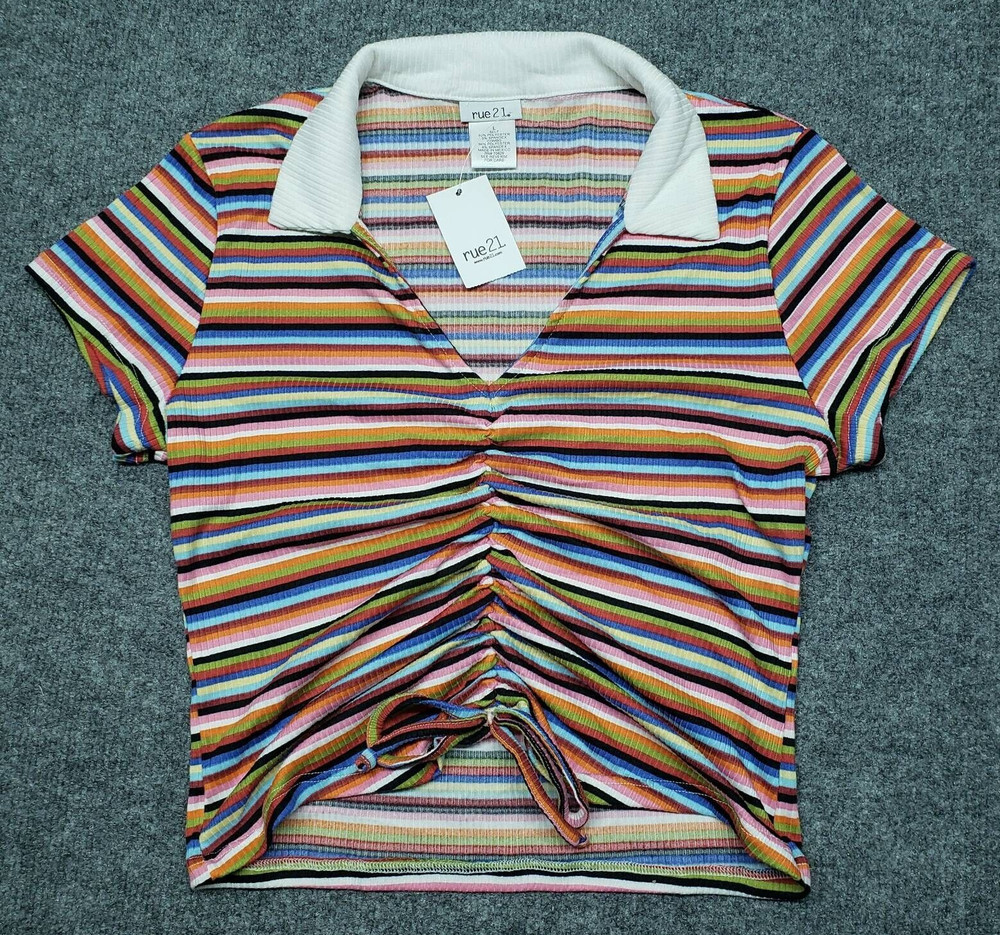 Rue21 Crop Top Womens L Multicolor Striped Short Sleeve V-Neck Ruched Tie New