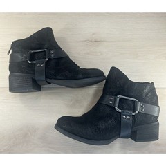 Black Textured Moto Ankle Boots Size 7 Harness Buckle Studded Back Zip Festival