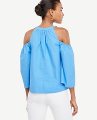 NWT ANN TAYLOR Vivid Azure Poplin Structured Cold Shoulder Top Shirt S, XL