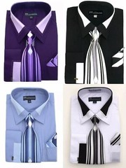 Men’s Unique design French Cuff Dress Shirt Accent Collar With Tie & Hanky SG34