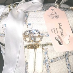 New White Blue Tweed Shoulder Bag with Bow, Rhinestone, Pearl, Gold Handcrafted