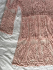 Renjo Long Sleeve Floral Lace Sheer Mesh With Cotton Embroidery Coral Pink