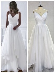 White Chiffon Spaghetti Strap Wedding Dress V Neck Ruched Bridal Gown With Train