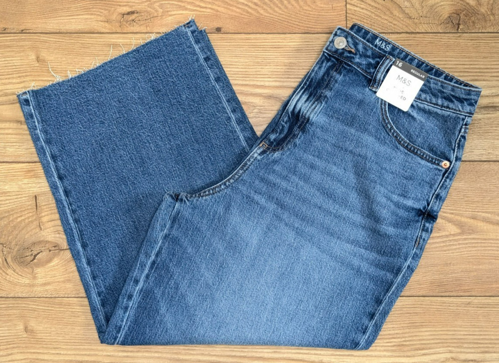 M&S Medium Washed Indigo Stretch Denim Wide Leg High Rise Cropped Crop JEANS 16