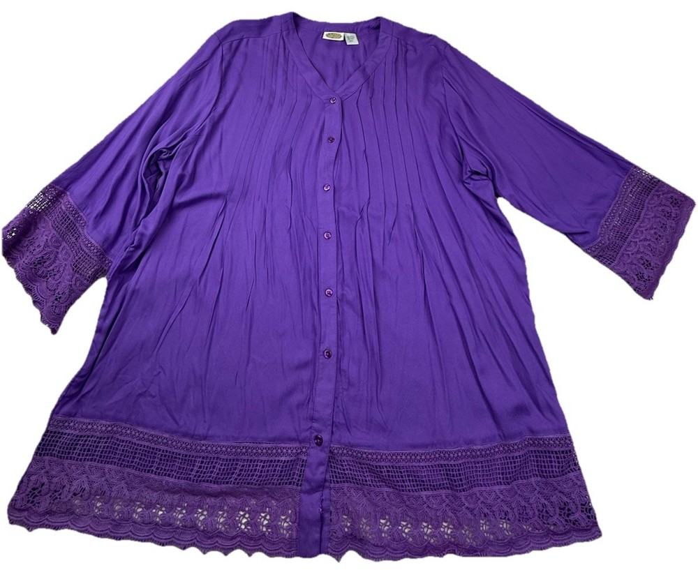 Collections Etc Pin-tuck Crotchet Lace Trim Tunic Blouse Plus 3XL Boho Casual