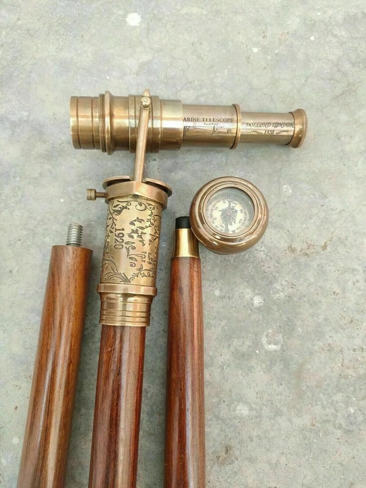 Brass Telescope Compass On Top Head Handle Wooden Walking Stick Cane Hidden Gift