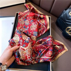 100% Mulberry Silk 27″ Square Scarf Women Neckerchief Wrap Vintage Red Flower