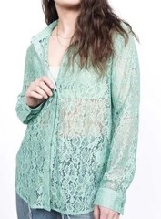 Wildfang Empower Lace Button Up Long Sleeve Shirt In Mint X-Large