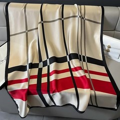 Silk Feel Beige Red Black Plaid Scarf Shawl Wrap | Women’s Satin Check Print