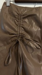 Women’s Khaki Leather Mini Skirt M Solid Drawstring Ruched Front Slit