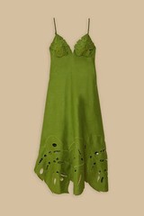 NEW, Farm Rio Monstera Embroidered Linen Midi Dress in Green Sz L #MD2143
