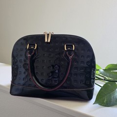 ITALIAN ARCADIA DOME SATCHEL TOTE HANDBAG BLACK LEATHER DOUBLE ZIPPER BASE STUDS